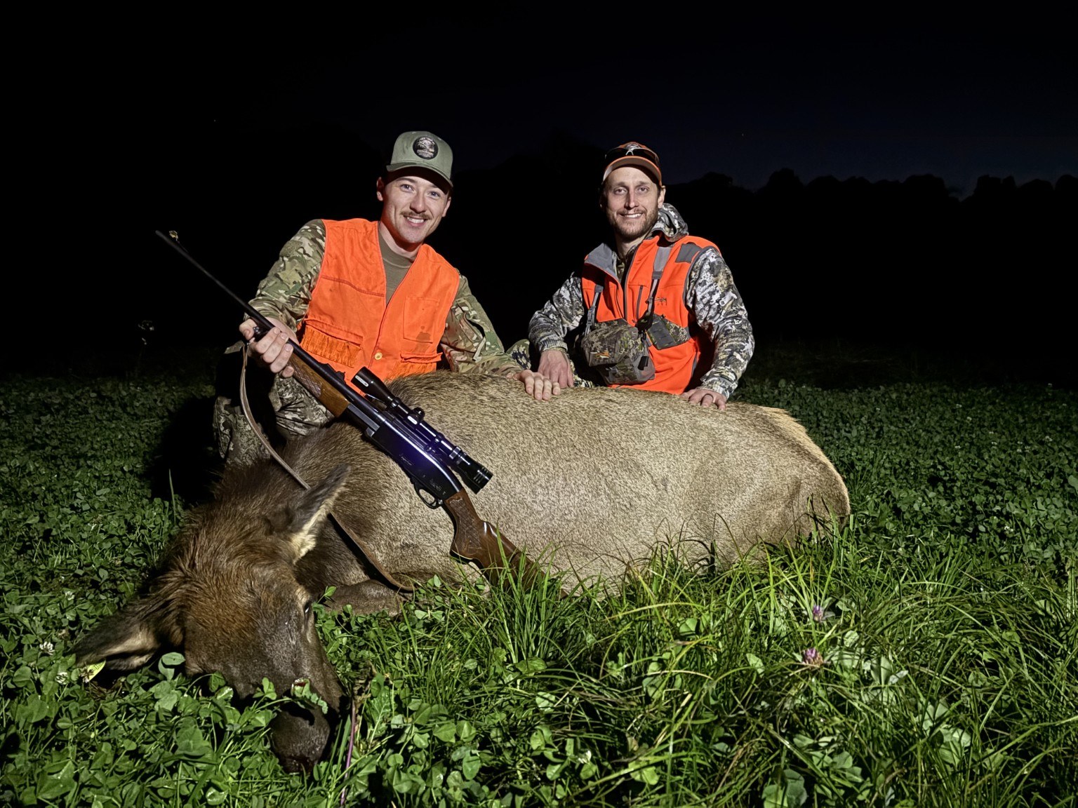 Austin Guzowski with PA Backcountry Outfitters guide Matt Lutz after his 2026 Zone 308 Pennsylvania rifle cow elk harvest